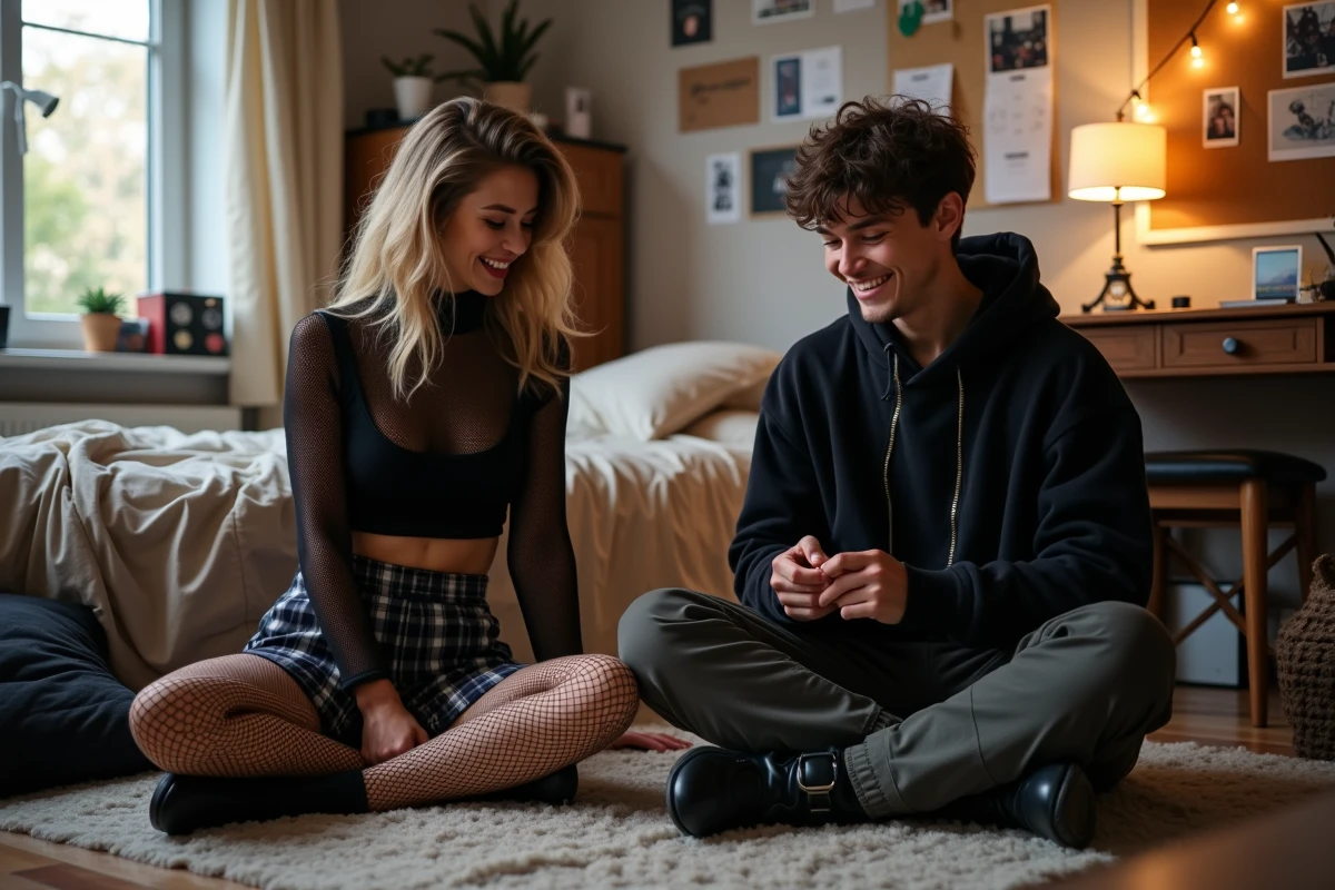 Deux amis aux styles emo complémentaires partageant des accessoires dans une chambre décorée de posters et polaroids, illustrant la construction d'une signature stylistique personnelle
