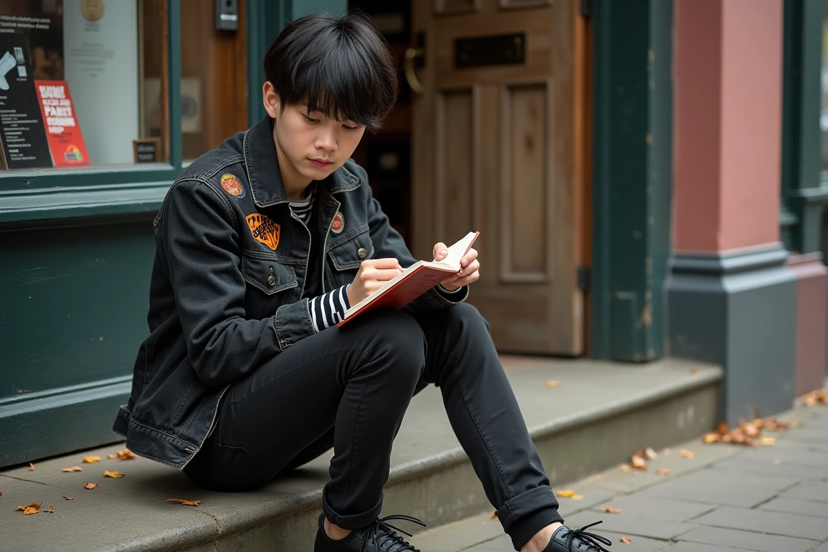 Jeune homme au style emo-alternatif assis devant un disquaire indépendant, carnet de croquis à la main, exprimant une identité visuelle authentique à travers ses patches et épinglettes