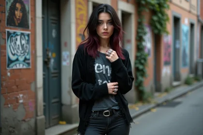 Jeune femme au style emo assumé posant devant un mur de graffitis urbains, incarnant une signature personnelle forte avec ses couches vestimentaires noires et ses accessoires argentés