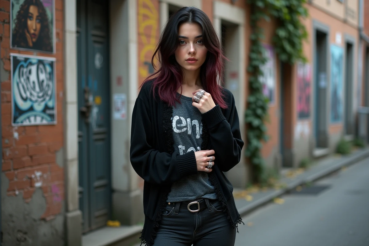 Jeune femme au style emo assumé posant devant un mur de graffitis urbains, incarnant une signature personnelle forte avec ses couches vestimentaires noires et ses accessoires argentés