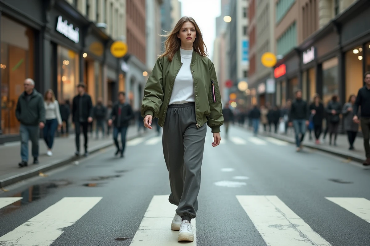 Femme en bomber streetwear vert sauge et pantalon large traversant un passage piéton dans un centre-ville animé