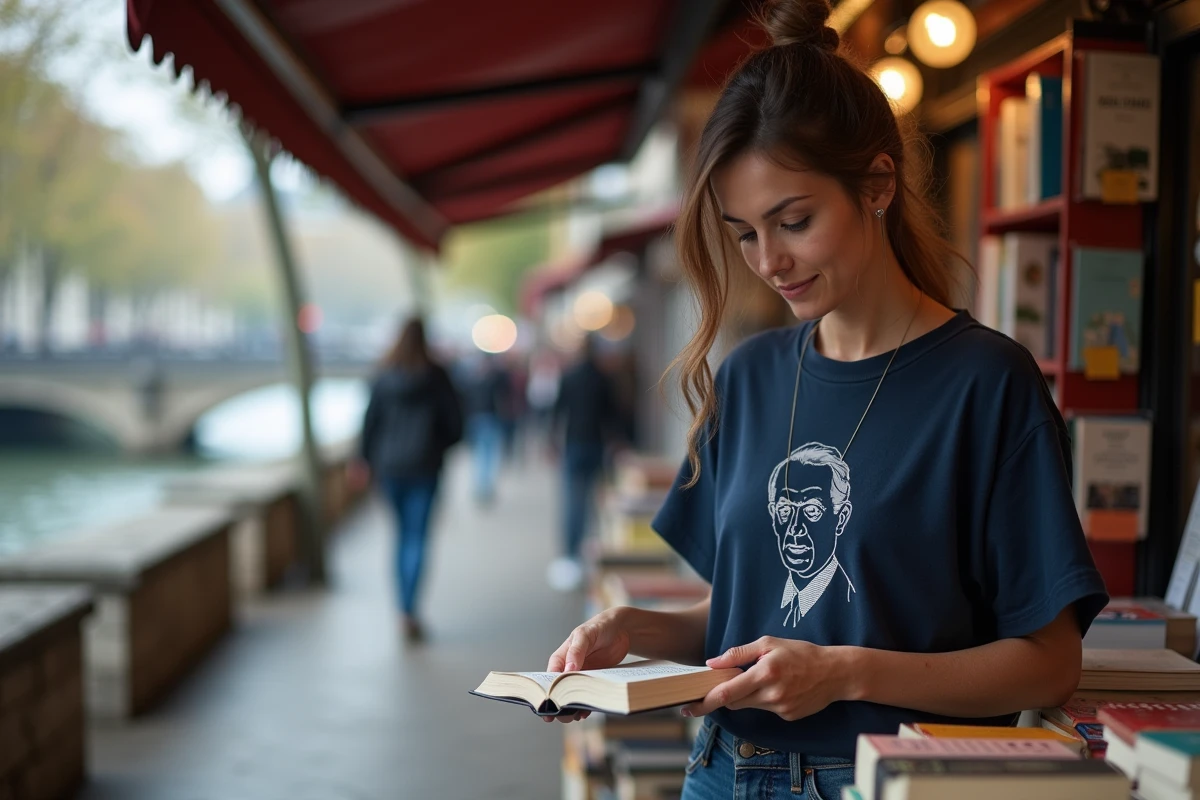 Femme en tee shirt Charles de Gaulle bleu marine oversize feuilletant des livres chez un bouquiniste au bord de la Seine