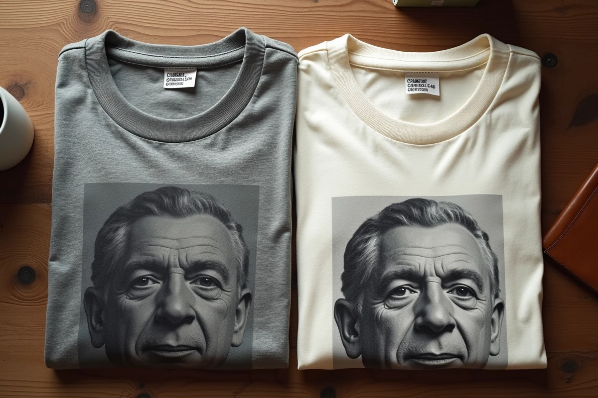 Flat lay de deux tee shirts Charles de Gaulle en gris chiné et blanc cassé pliés sur une table en bois avec accessoires lifestyle