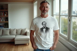 Homme portant un tee shirt Charles de Gaulle en coton blanc dans un appartement parisien, style quotidien décontracté
