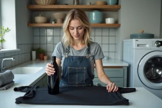 Femme appliquant de la teinture noire sur un vêtement en coton dans une buanderie domestique