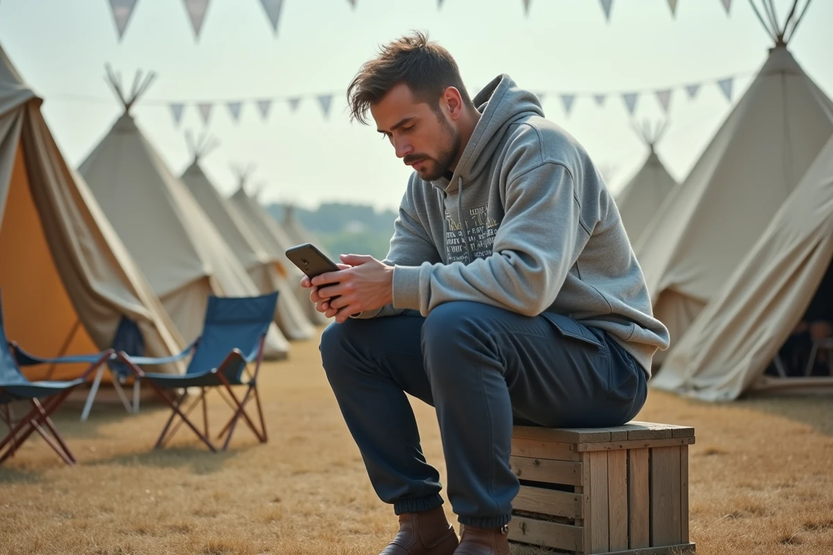 Homme en hoodie oversize gris et jogger marine assis sur une caisse en bois dans un camping de festival, tenue décontractée 2026