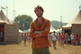 Homme en chemise en lin terracotta et pantalon cargo olive dans un festival de musique en plein air, look confortable et stylé 2026