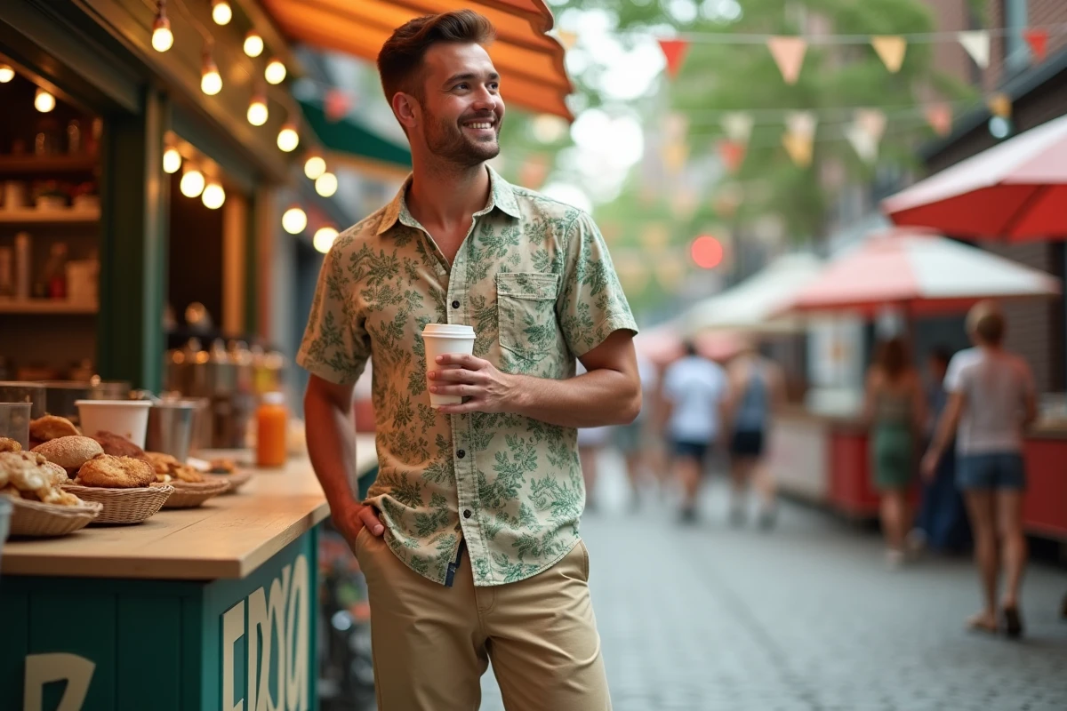 Jeune homme en chemise à col camp imprimé botanique et short chino beige dans un festival urbain, style estival tendance 2026