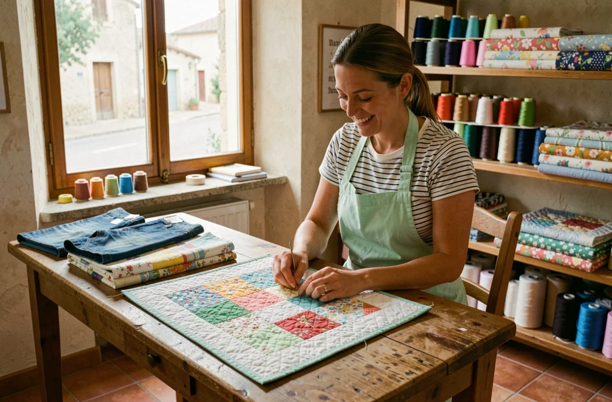 Couturière cousant à la main un patchwork coloré dans l'atelier Tout Plein d'Amour à Roquevaire