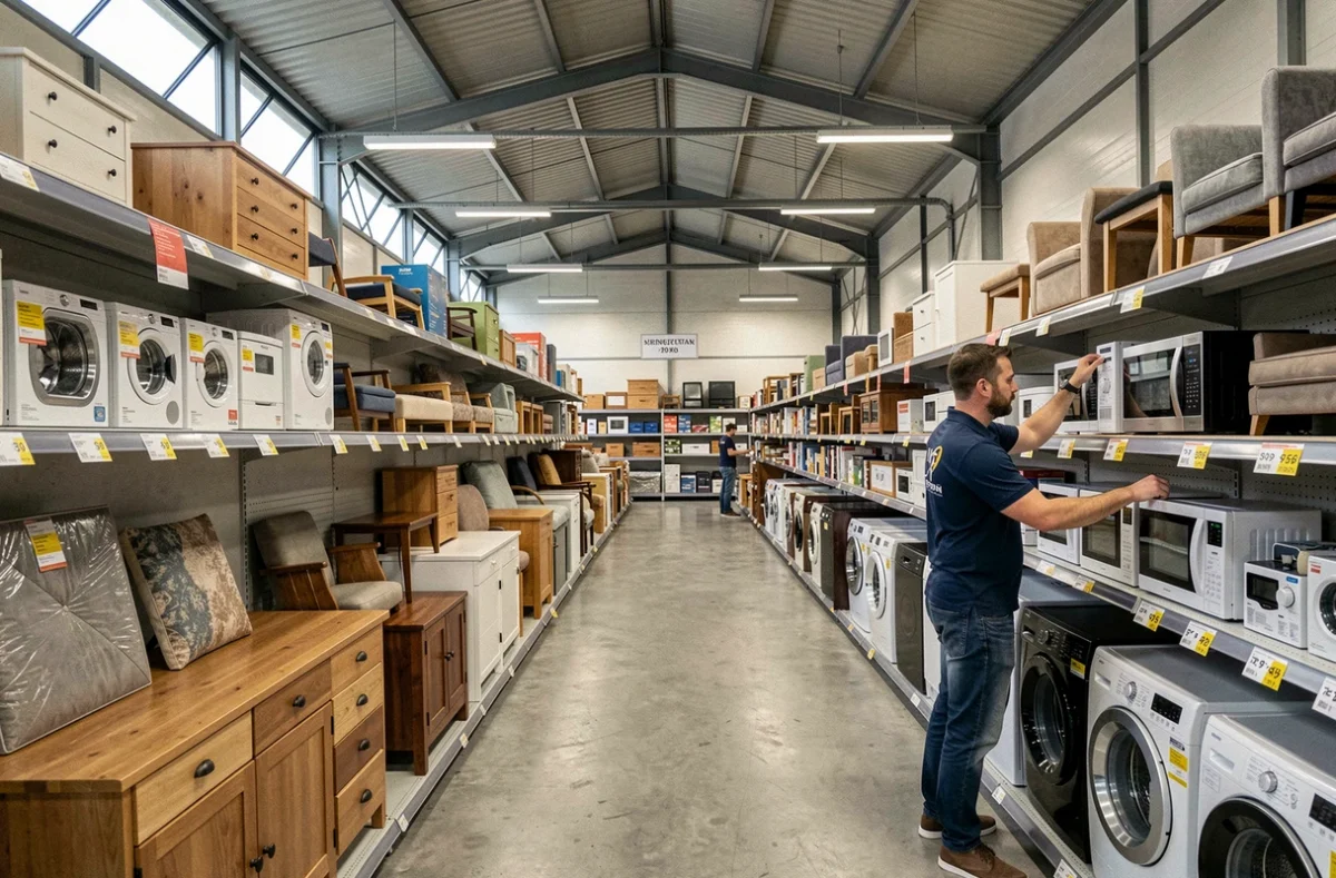 Grand magasin de dépôt-vente Troc.com à Grigny dans le Rhône avec des meubles et électroménagers d'occasion en rayon