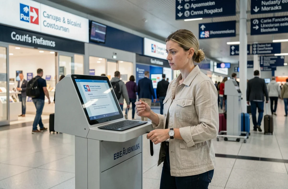 Voyageuse tenant une montre relox face à une borne de déclaration douanière dans un aéroport français